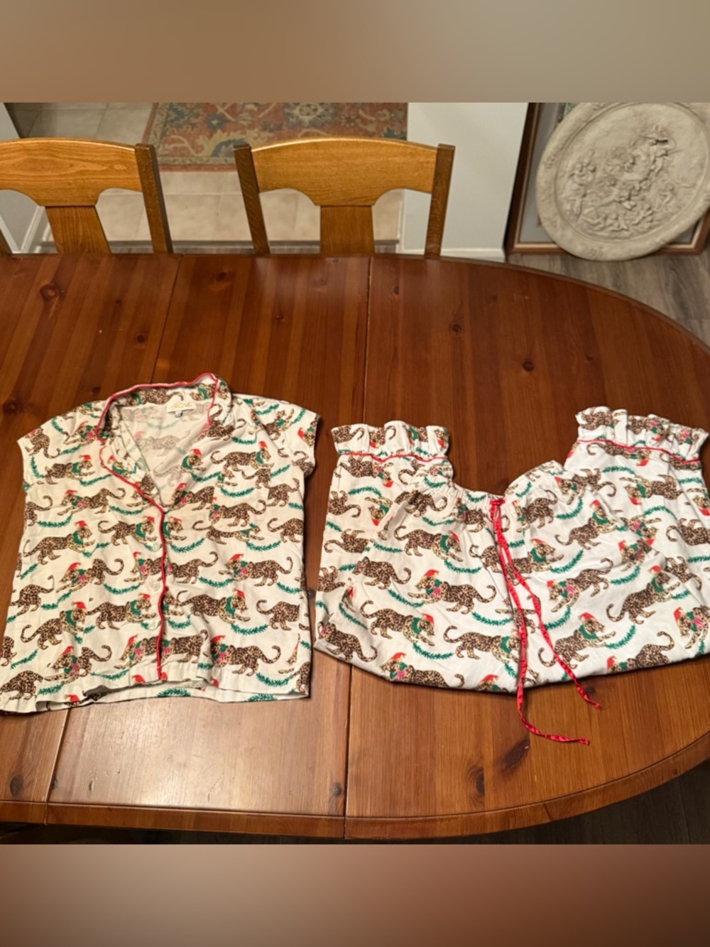 Joyce Studio Cream Leopard-Print Pajama Top with Red Trim